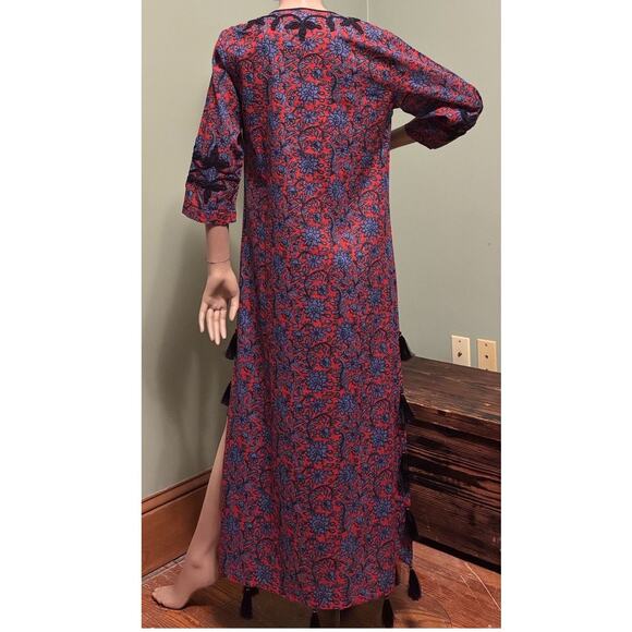 ROLLER RABBIT Red/Blue Floral Kurta Maxi KAFTAN/DRESS w/Tassels/Soutache Braid - Picture 8 of 8